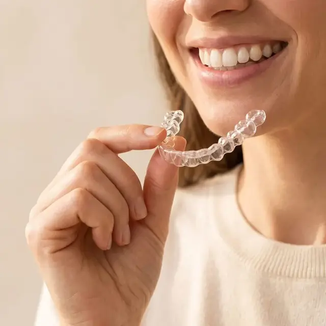 A clear aligner held in front of a smile